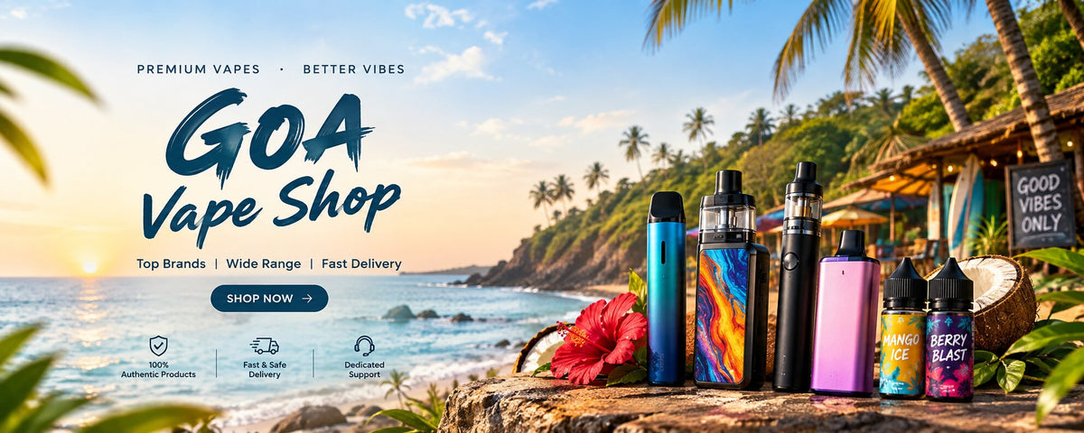 A promotional banner for Goa Vape Shop showing multiple vape devices and e-liquid bottles arranged on a beach setting with palm trees, ocean, and a hut in the background. Large text reads 'GOA Vape Shop' with smaller copy about premium vapes, better vibes, top brands, wide range, and fast delivery.